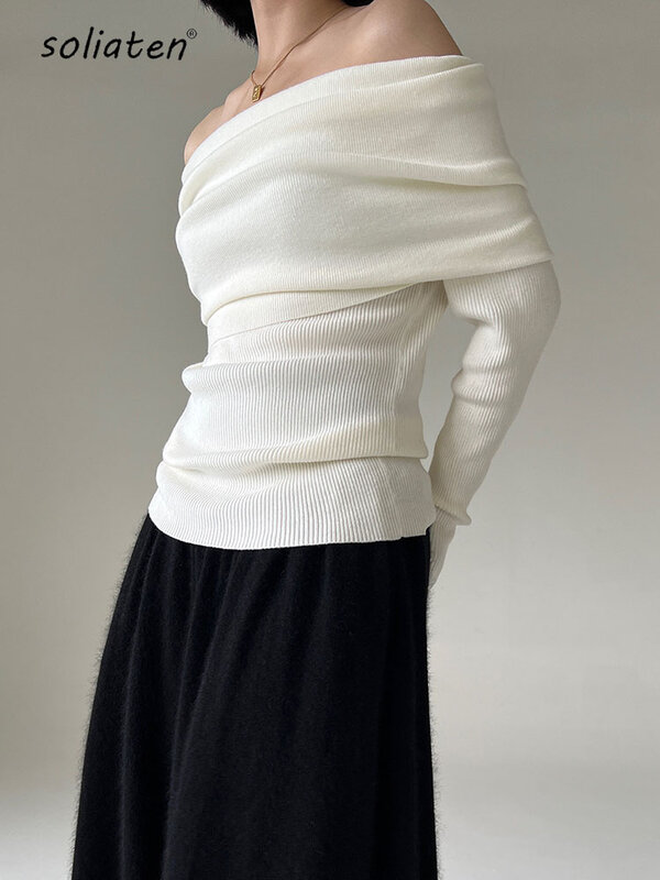 Spring Autumn Off Shoulder Women Sweaters Elegant Vintage Knitted Solid Jumper High Stretch Top  C-038