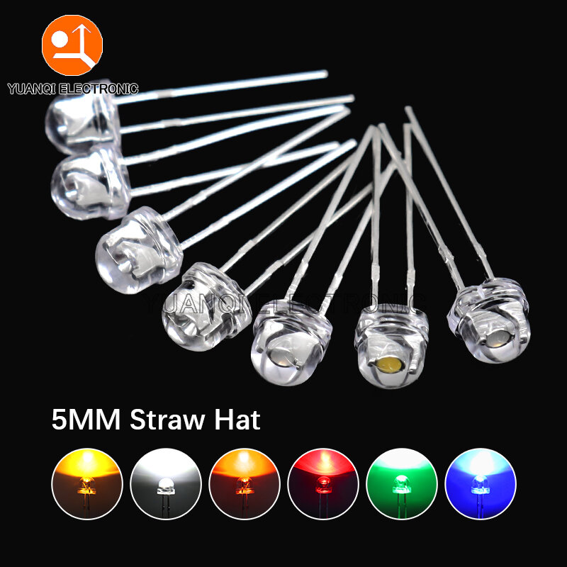 Diodo LED de sombrero de paja de 5mm, Blanco superbrillante, 0,3 W, 0,5 W, 0,75 W, F5, rojo, amarillo, verde, azul, blanco cálido, 50 unidades