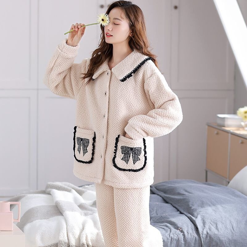 Coral Velvet Pajamas Women Autumn Winter Thickened Warm Outerwear Homewear Female Sweet Flannel Casual Loose Nightclothes Suit
