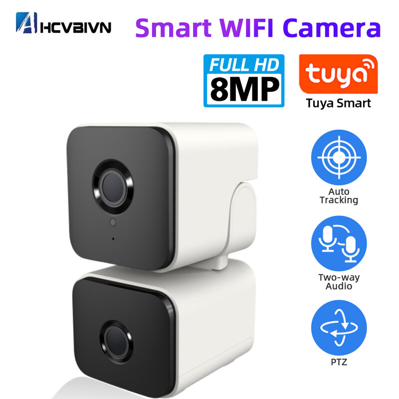 Smart Life kamera keamanan Mini dua lensa, kamera keamanan wifi PTZ pelacakan otomatis dalam ruangan 8MP audio 2 arah Tuya rumah tanpa kabel