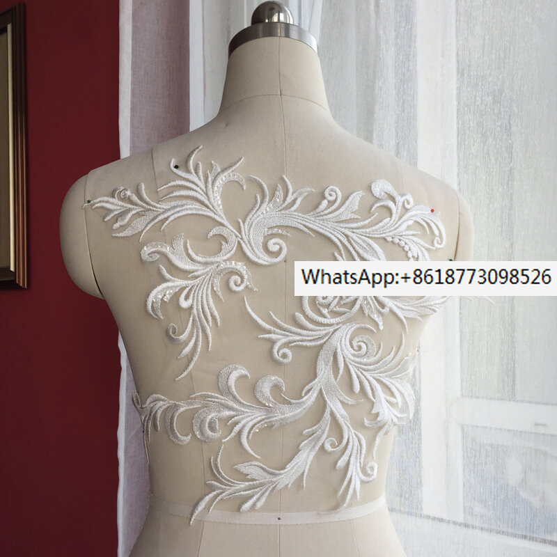 Off white European dragon embroidery with lace transparent white beads embellished wedding dress DIY floral patches
