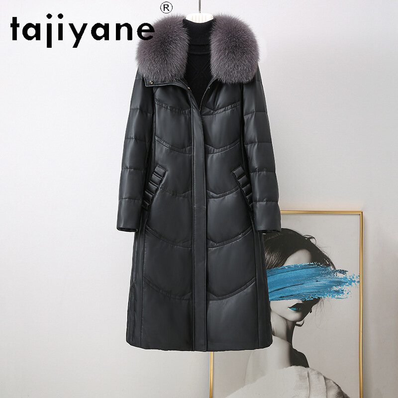 Tajiyane 여성용 진짜 가죽 재킷, 화이트 덕 다운 코트, 후드 여우 모피 칼라, 따뜻하고 긴 양가죽 다운 코트, Abrigos