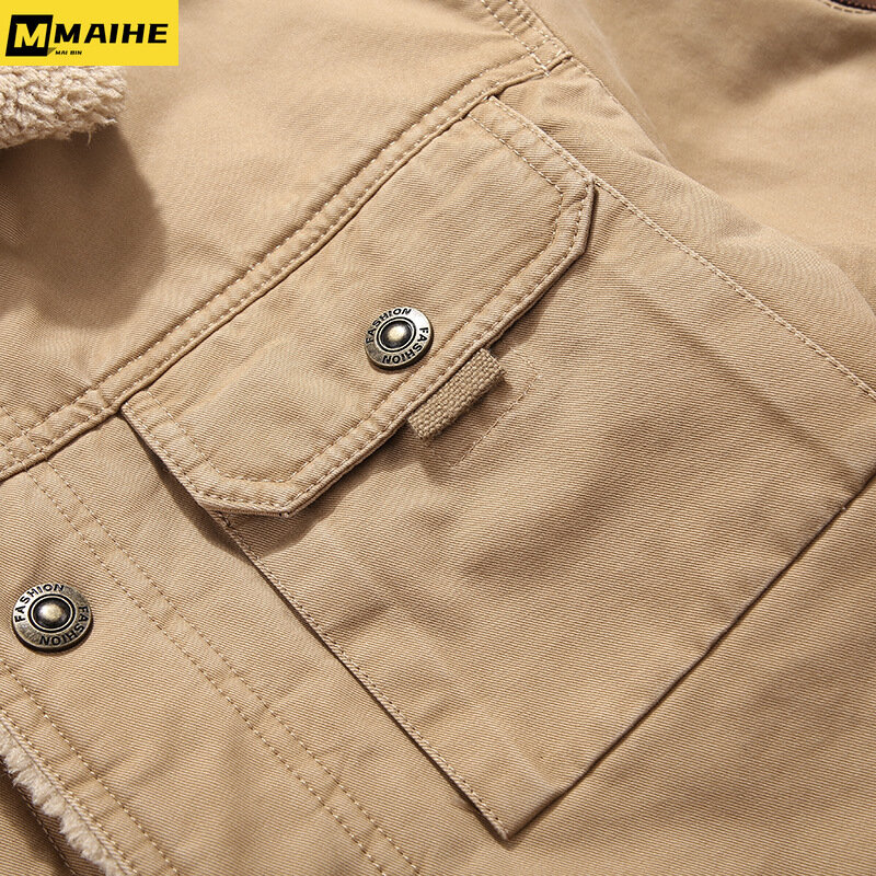 เสื้อคลุมกันลมสำหรับผู้ชายเสื้อแจ็คเก็ตกันลมมีปกขนแกะหนาอบอุ่นสำหรับฤดูหนาว