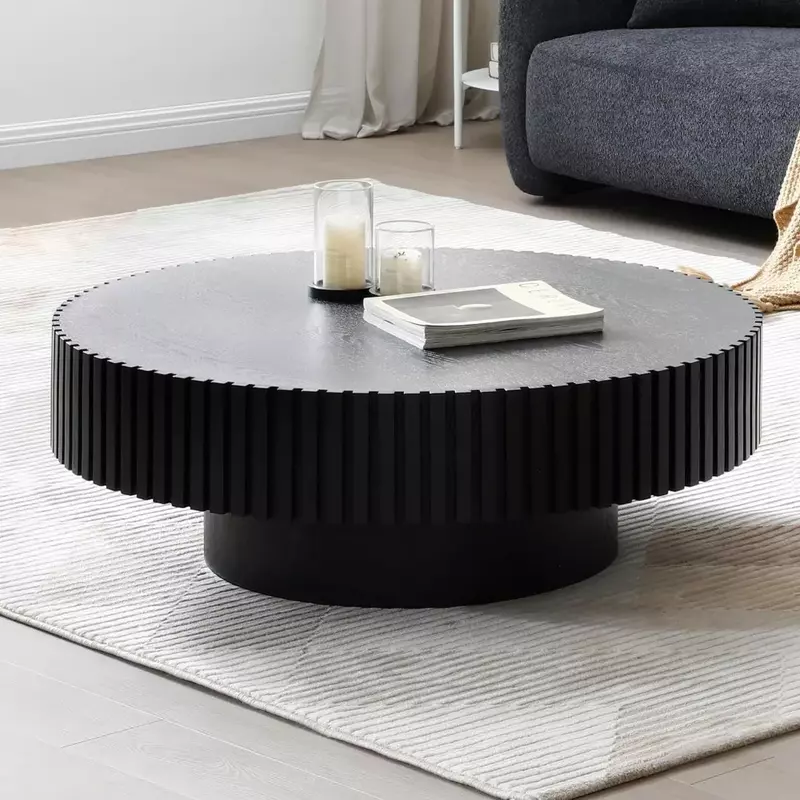 Mesa de centro redonda de madera para sala de estar, mesas laterales de tambor estriadas de círculo moderno, fácil montaje