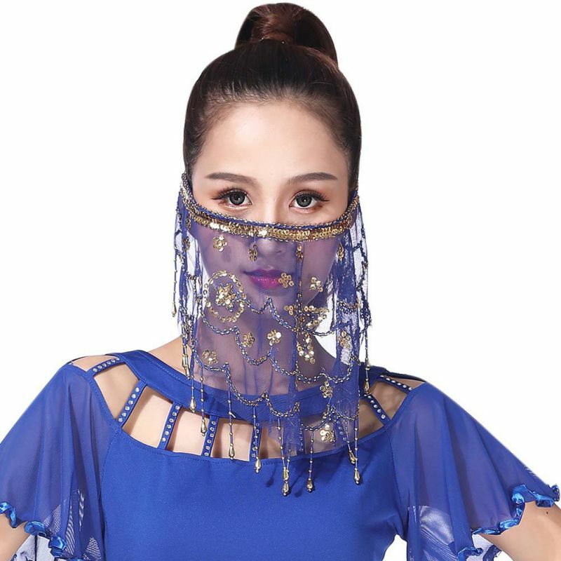 Women Belly Dance Face Veil With Sequins Beautiful Lady Belly Dance Dancing Face Mask Voile Wrap Scarf Perform Accessory