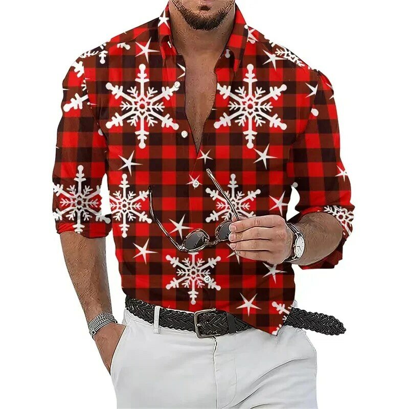 남성용 긴팔 라펠 단추 셔츠, 레드 산타 클로스 격자 무늬, 사각형 HD 패턴, 편안한 소프트 티셔츠, 2023 크리스마스 눈송이