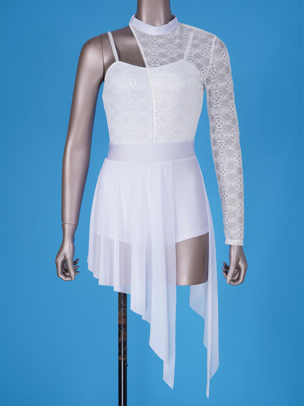 Женское модное кружевное лоскутное трико на одно плечо, платье с разрезом, прозрачная сетка, асимметричный подол, танцевальные платья