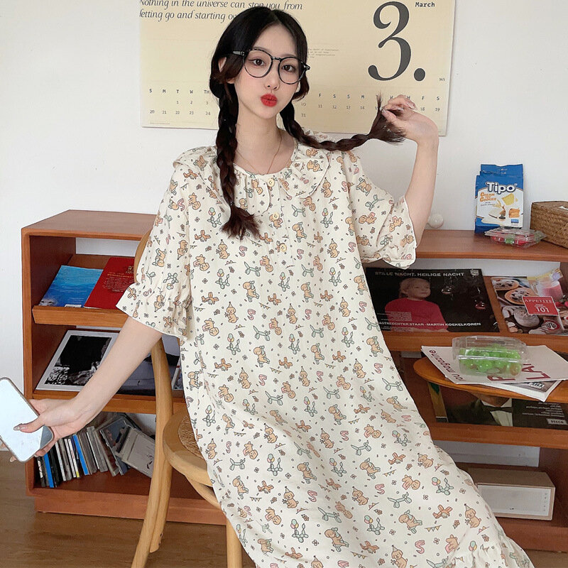 Pijama de algodão de manga curta para mulheres, vestido de verão de comprimento médio, desgaste doméstico, pode ser usado