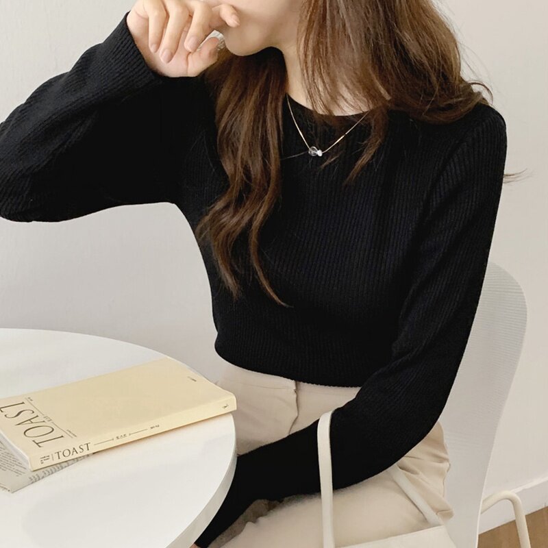 Suéter de manga larga con cuello redondo delgado para mujer, parte superior inferior elástica, versátil
