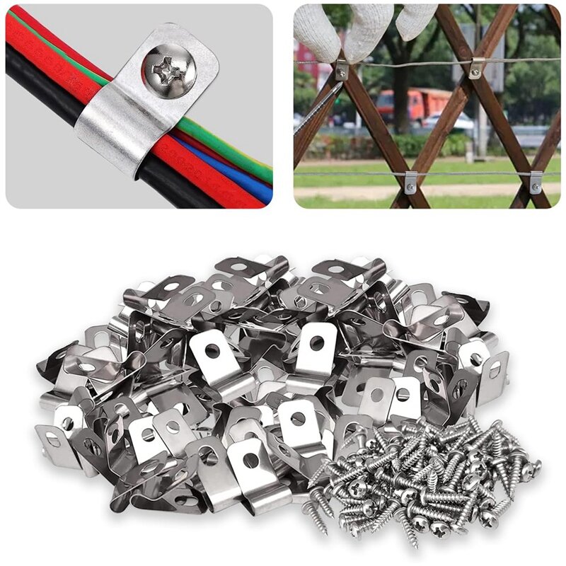 100 PCS Fence Wire Fence Clips Agricultural Fencing Mounting Clips Silver Stainless Steel Screw Wire Clamps With Screws