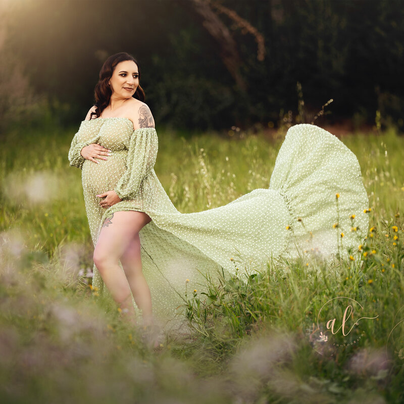 Don & Judy gaun fotografi pernikahan elegan, gaun hijau pemotretan untuk pengantin wanita hamil, gaun sesi foto mandi bayi 2024