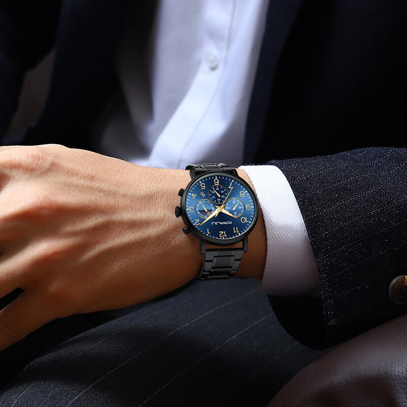 Crrju marca relógio masculino topo da marca de luxo esportes quartzo relógio masculino todo o aço cronógrafo à prova dwaterproof água relogio masculino