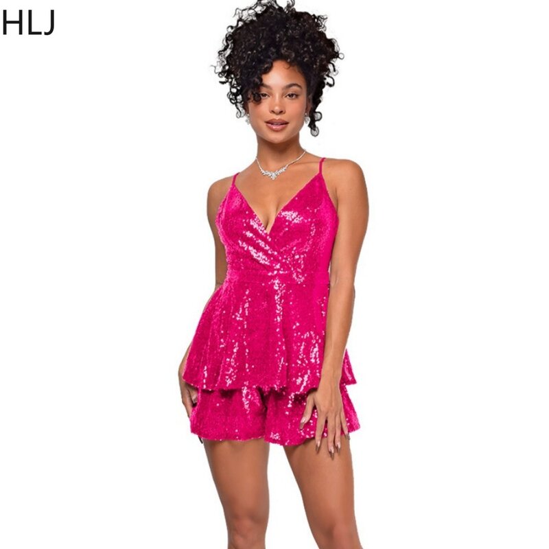 HLJ Summer New Sequin V Neck Suspenders Rompers Women Thin Strap Sleeveless Backless Stacked Jumpsuit Fashion Party Club Overall