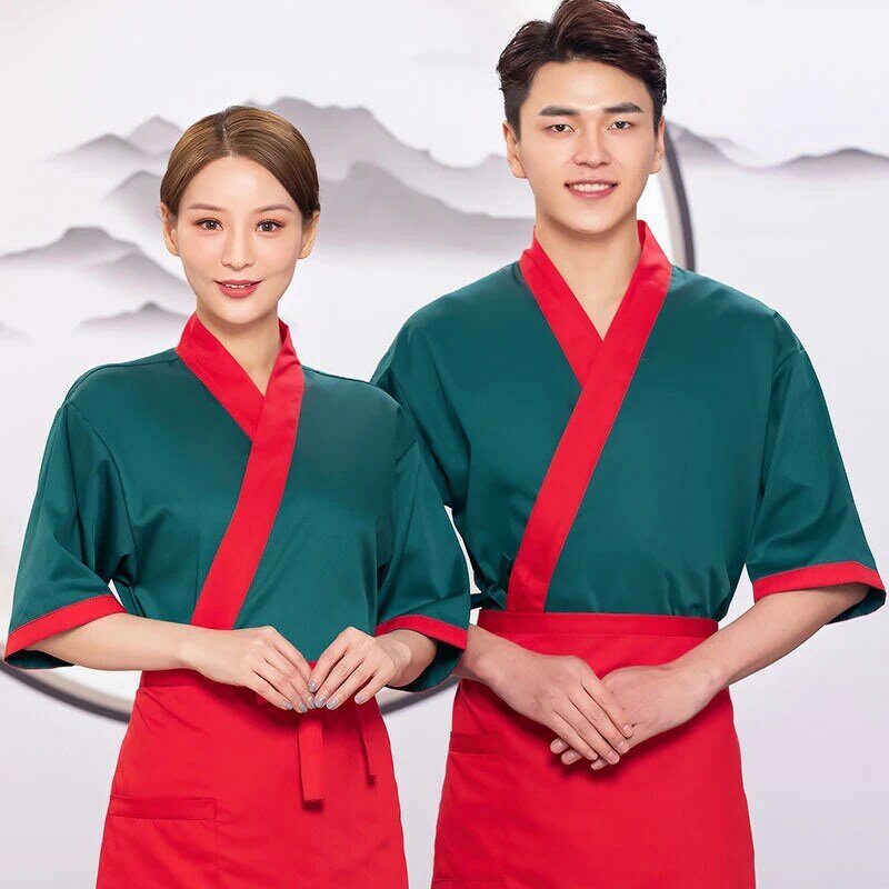 สไตล์ญี่ปุ่นซูชิร้านอาหาร Waiter Overalls Kimono Hanbok Unisex Catering ร้านบาร์บีคิว Waiter ทำงานด้วยผ้ากันเปื้อน