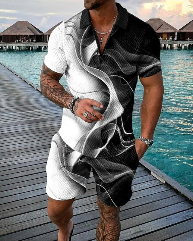 Conjunto polo estilo boho geométrico masculino, conjunto polo lapela com zíper, gola e shorts, impressão 3D, roupas havaianas de férias, 2 peças
