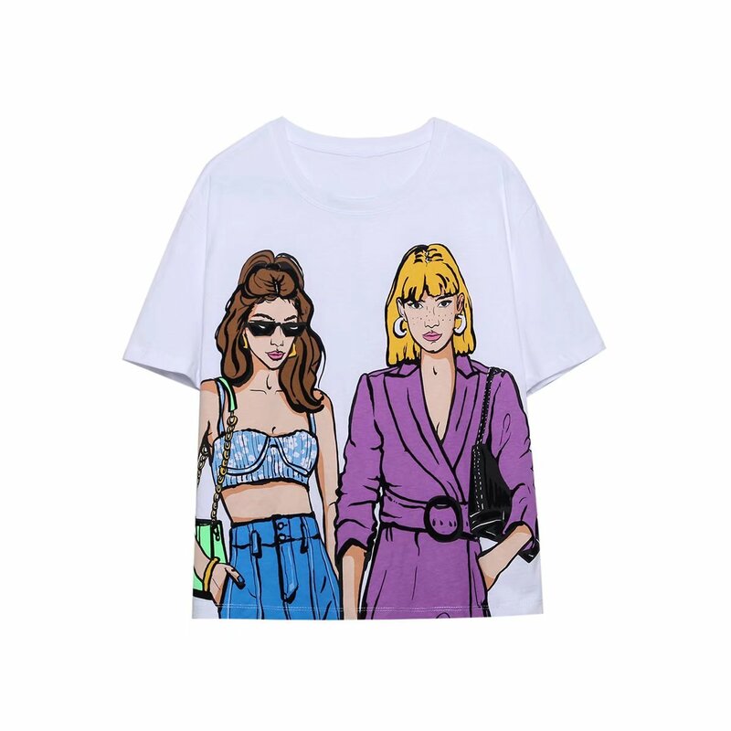 Zevity Zomer Vrouwen Mode Dubbele Meisjes Print Breien Casual T-shirt Vrouwelijke Basic O Hals Korte Mouw Chic White Tops t1257