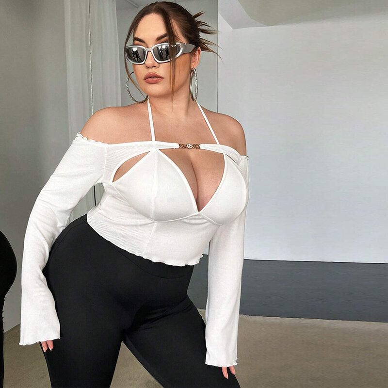 Plus Size damska bluzka Sexy bez ramiączek Flare z długim rękawem 2023 jesień nowa moda na co dzień duża kobieta jednolity kolor Top na ramiączka
