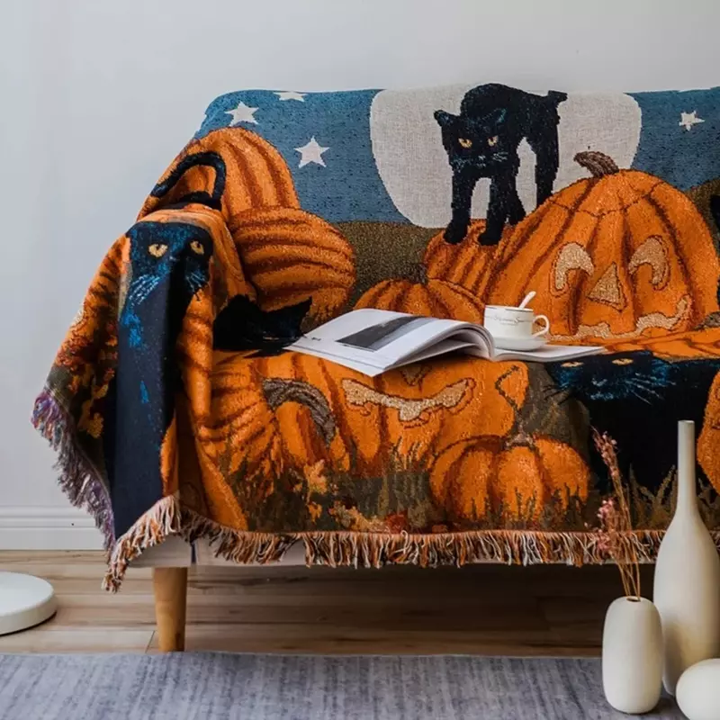 Halloween Black Cat Knitted Blanket For Beds Sofa Towel Full Cover Sofa Blankets Autumn Winter Picnic Mat Throw Tapestry Tassel