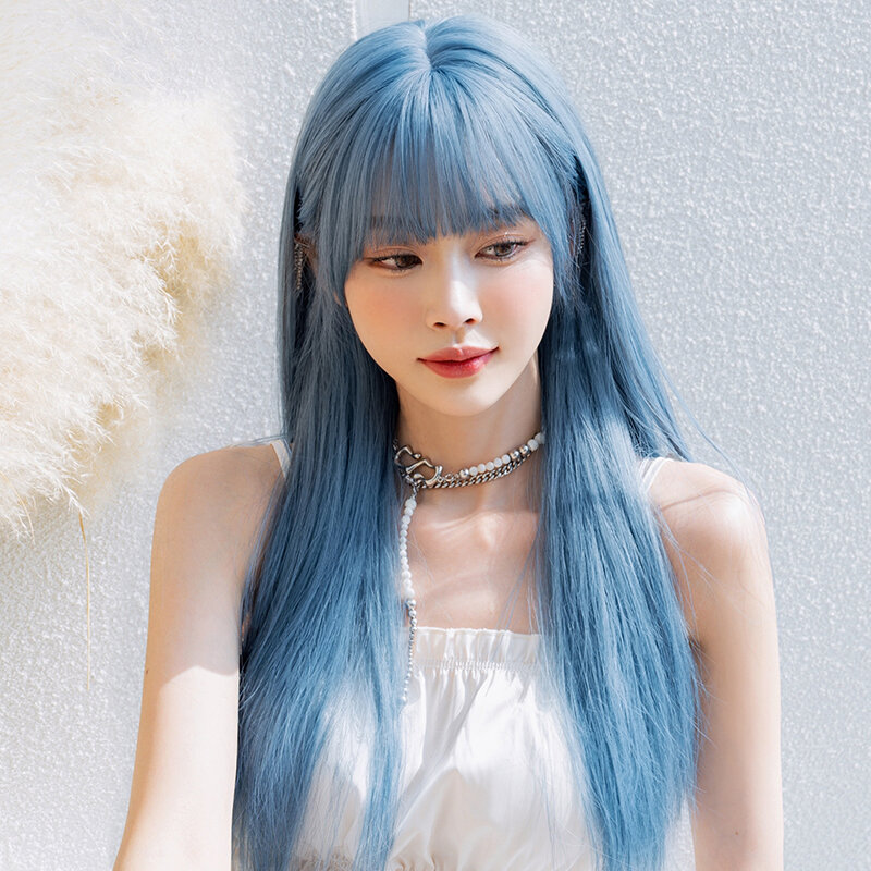Peruka 7JHH peruka Lolita syntetyczne długie proste niebieskie peruki z puszystą grzywką moda luźna kostium peruka dla kobiet przyjazny dla początkujących