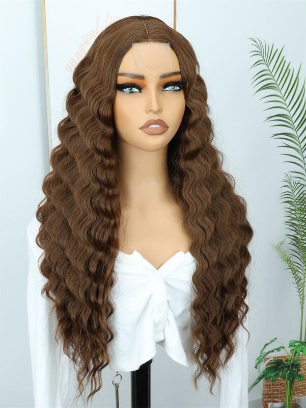 4*2Lace Wig Synthetic Wigs Deep Curly Wave Wig Mid Split Hairstyle Wig Brown 28inch Synthetic Wigs Without Bangs For Women