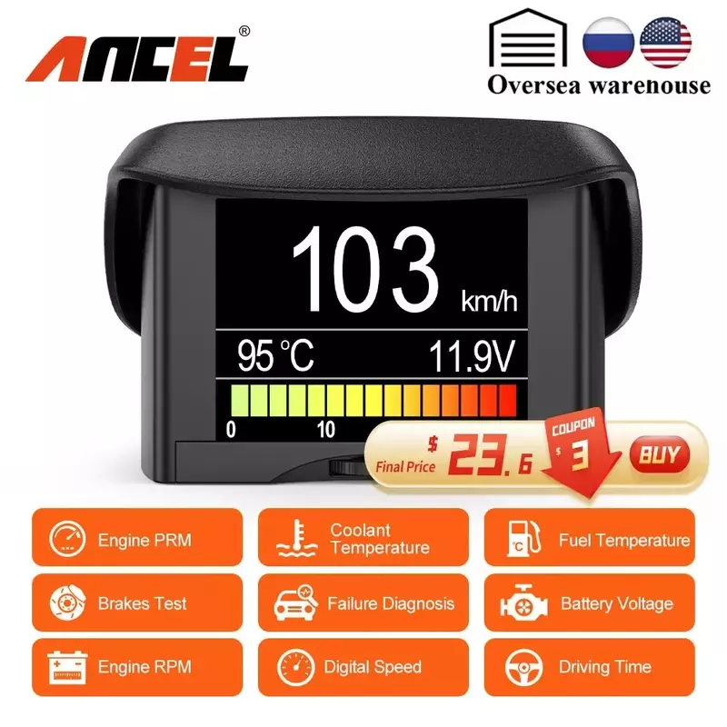 ANCEL-Ordinateur de bord numérique pour voiture, affichage de la vitesse, consommation de carburant, jauge de température, EAU automobile, OBD2, AAth