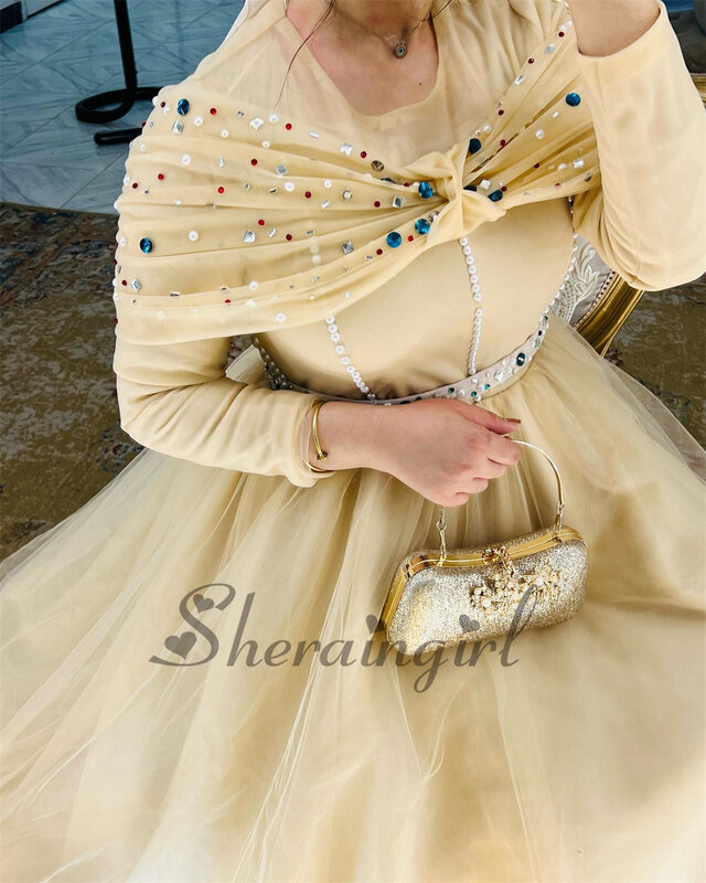 Vestidos de Noche clásicos de SHERAIN, cuello redondo, perlas, diamantes de imitación, mangas completas, drapeados, Largos de Gala, personalizados