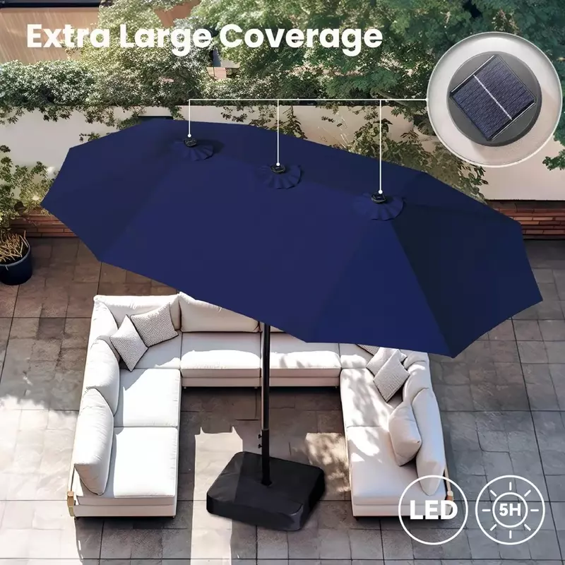 Paraguas Solar LED para terraza, sombrilla grande con 36 luces LED, incluye soporte, 15 pies