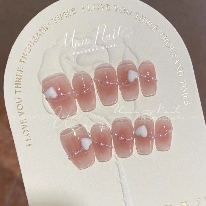 10 pezzi di stampa acrilica fatta a mano sulle unghie con basi Nude rosa Blush unghie finte corte Pearl Love suggerimenti per unghie finte coreane artificiali