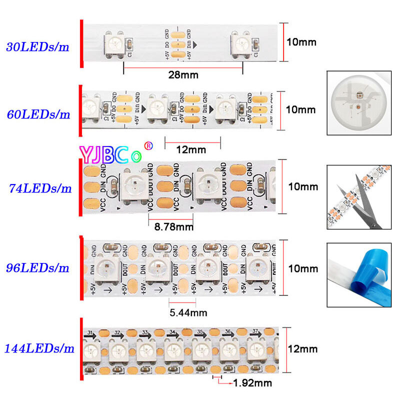 LED 스트립 테이프 주소 지정 픽셀 IC 5050 RGB 라이트, 매직 램프 바, IP30 65/67, 5V, 12V, WS2812B, WS2812, WS2815, m당 30, 60, 74, 96/144 LED