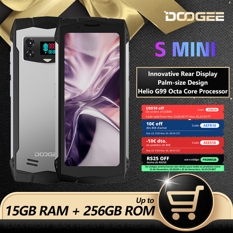 DOOGEE-Telefone Robusto Smini, Display Traseiro Inovador, Carregamento Rápido, QHD, 8GB, 256GB, 3000mAh, 18W, 4,5"