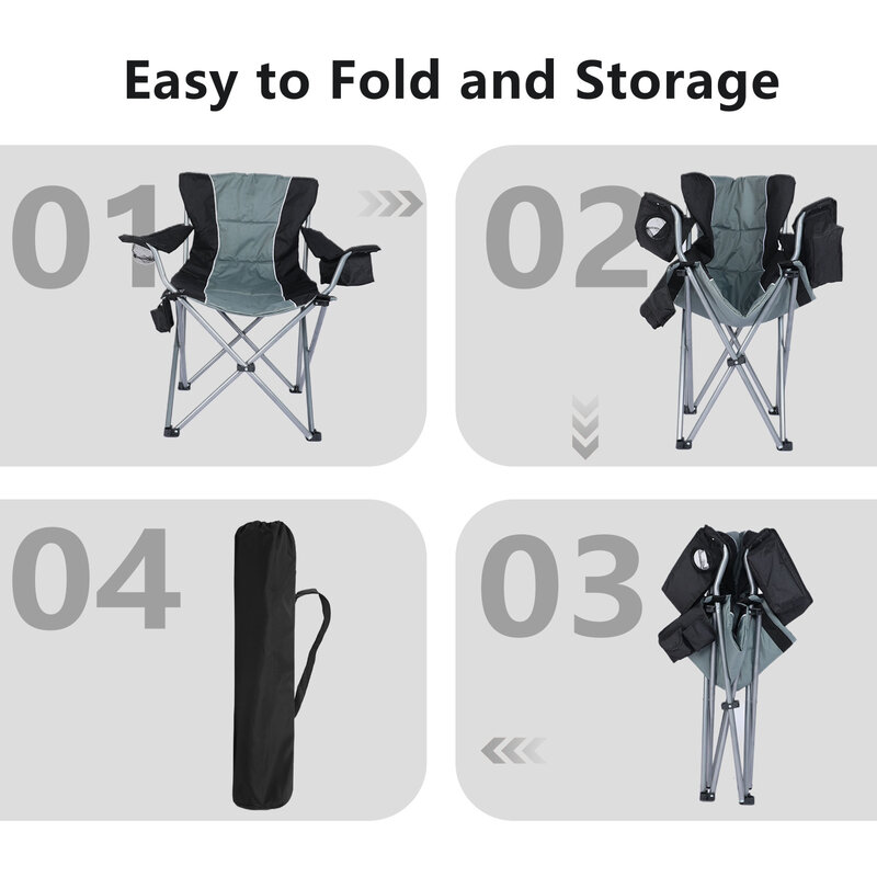 YSSOA-Camping Cadeira Dobrável com Saco Refrigerador Lateral, Confortável Totalmente Acolchoado, Estrutura de Aço Resistente, Suporte de Copo, Quad Ar, Cinza