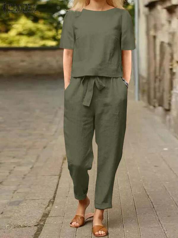 Костюм спортивный ZANZEA женский однотонный, блузка с коротким рукавом, штаны-султанки, Свободный Повседневный Комплект из двух предметов