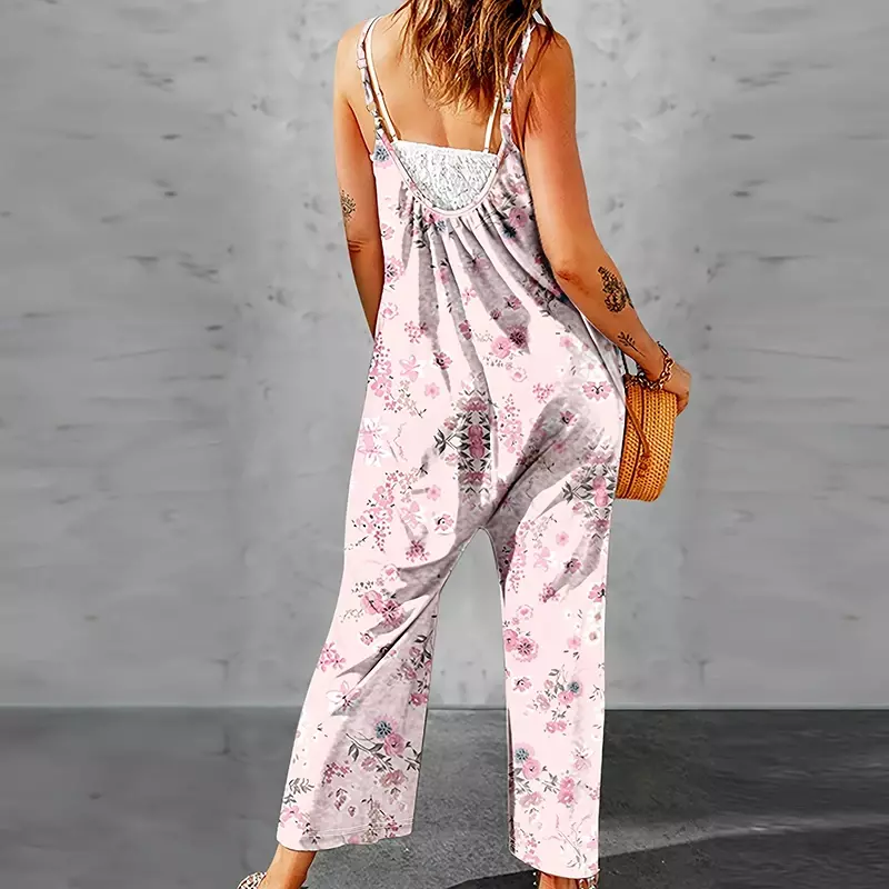 Pantalon droit décontracté pour femmes, combinaison longue imprimée avec poches, barboteuse de plage, mode estivale