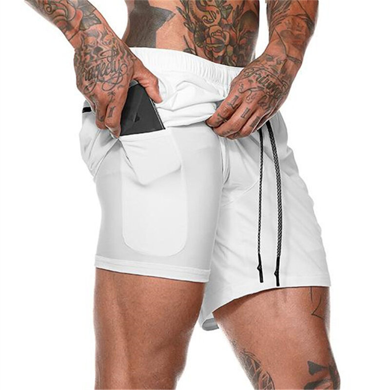 Classic double 2-in-1 men's shorts multifunctional fashion fitness pants tight inside and loose outside anti-exposure shorts.