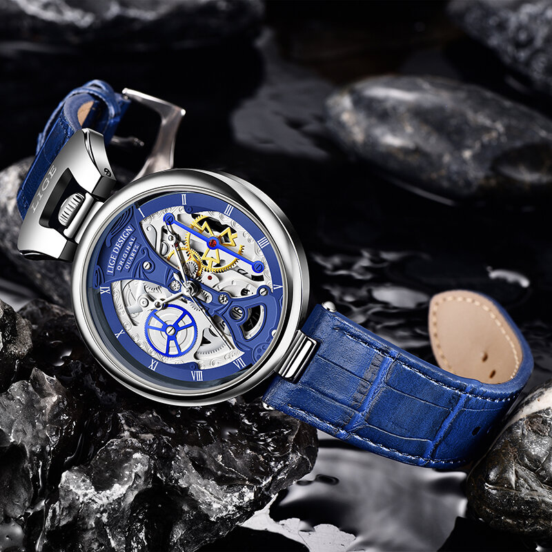 นาฬิกาควอทซ์นาฬิกาข้อมือสำหรับผู้ชายสุดสร้างสรรค์ Lige นาฬิกาแฟชั่นลำลองกันน้ำออกเดตอัตโนมัติสายหนังนาฬิกาหรูของขวัญสุภาพบุรุษสำหรับผู้ชาย + กล่อง