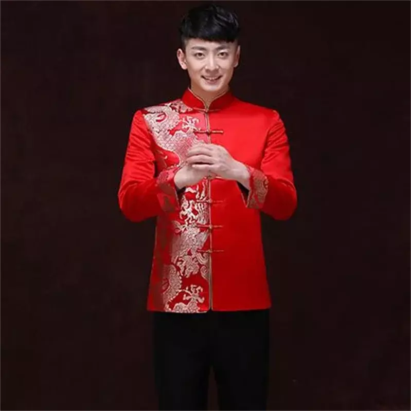 Tang setelan pakaian tradisional merah Cina pria, Hanfu sulaman atas naga cetak Vintage Satin Kungfu etiket pesta Tahun Baru