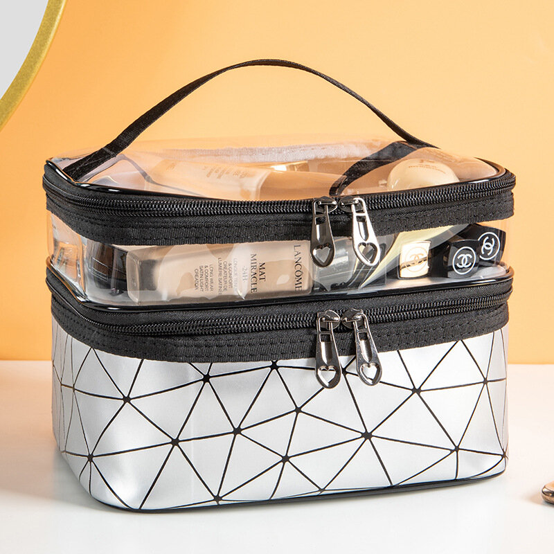 Tas Makeup bening Travel Multifungsi, tas kosmetik berlian modis, tas rias tahan air dengan dua ritsleting