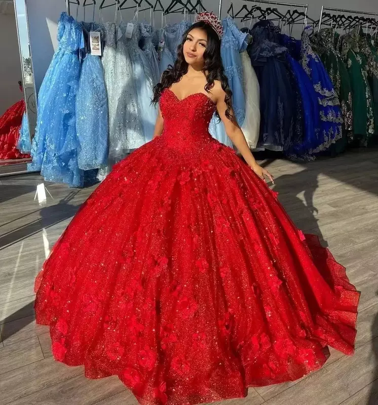Brokatowa czerwona suknia balowa księżniczki Quinceanera suknie Vestidos De 15 Anos kwiatowe koraliki z formalnym suknie na imprezy urodzinowe gorsetem