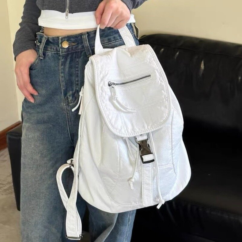 Xiuya-女性のための純粋な白いヴィンテージレザーバックパック,色あせた,アメリカの大学スタイル,大容量,新しいトラベルバッグ
