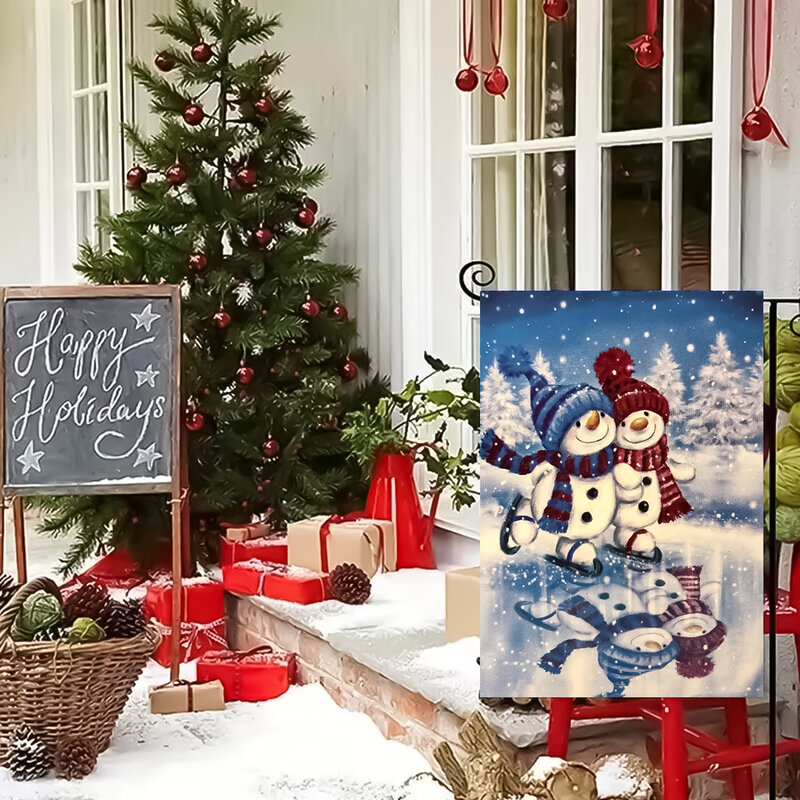 暖かい雪だるまの形をした両面プリントガーデンフラッグ、クリスマスファームパティオの装飾、バルコニーの旗竿、1個