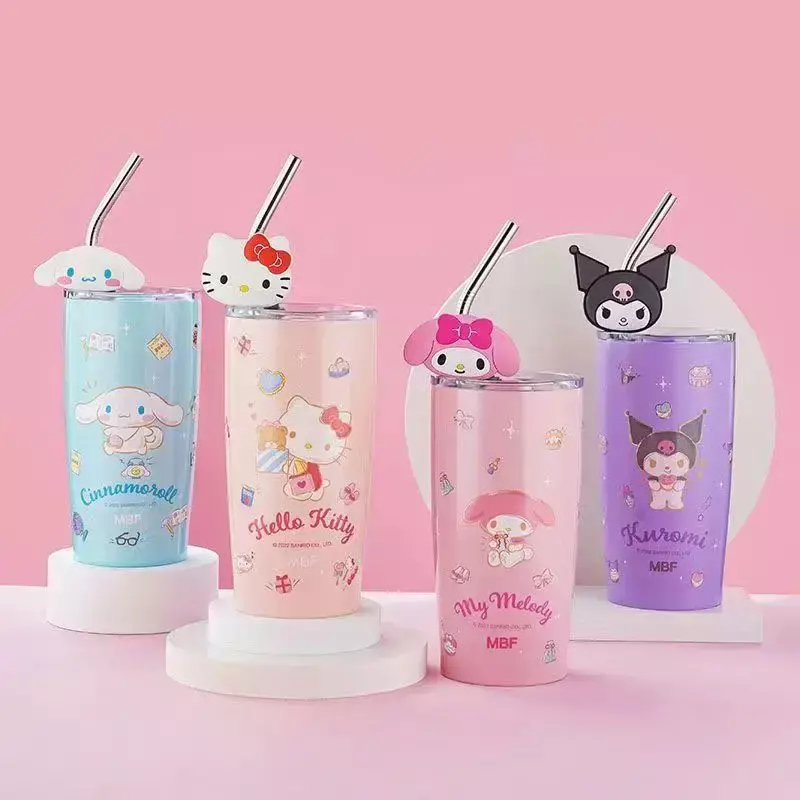Sanrio-taza de agua aislada de Hello Kitty, vaso con pajita de acero inoxidable de alta capacidad, dibujos animados, Cinnamoroll, regalos de vacaciones, 600ML