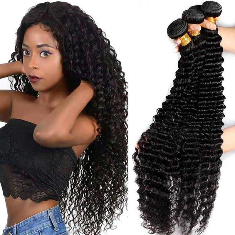 Brazilian Deep Wave Hair Weave Bundels Rauw Krullend Menselijk Haar Bundels 30 32 Inch Bundel 10a Remy Extensie 1 3 4 Bundels Voor Vrouwen