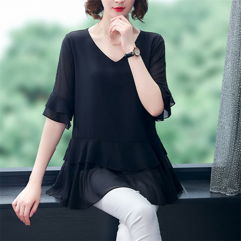 여성용 V넥 반팔 쉬폰 블라우스 및 셔츠, 우아한 러플, 부드러운 슬림 상의, 한국 스타일 상의, 10 가지 색상