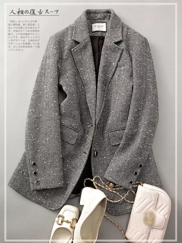 VIMLY-Chaqueta de mezcla de lana con lentejuelas para mujer, abrigo cálido de negocios, informal, elegante, Vintage, a medida, Primavera, 2024