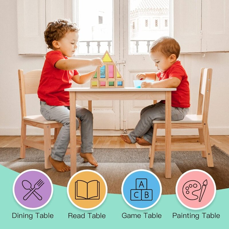TOOKYLAND Wood Kids Table and Chairs Set,Natural,Sturdy,Doesn't Wobble,Light Color Children's Furniture,Easy To Match