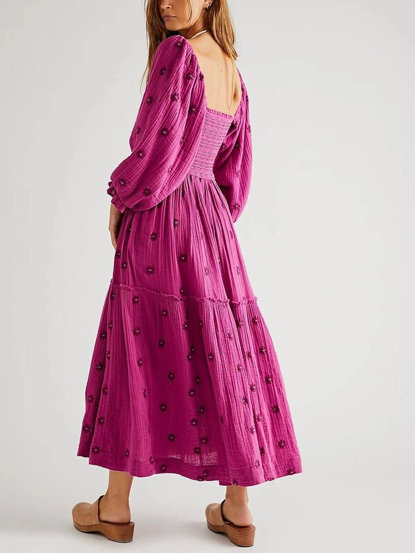Женское длинное платье с цветочной вышивкой, облегающее платье с рукавами-фонариками и квадратным вырезом, Многоярусное Цветочное платье, богемная летняя пляжная одежда, платья