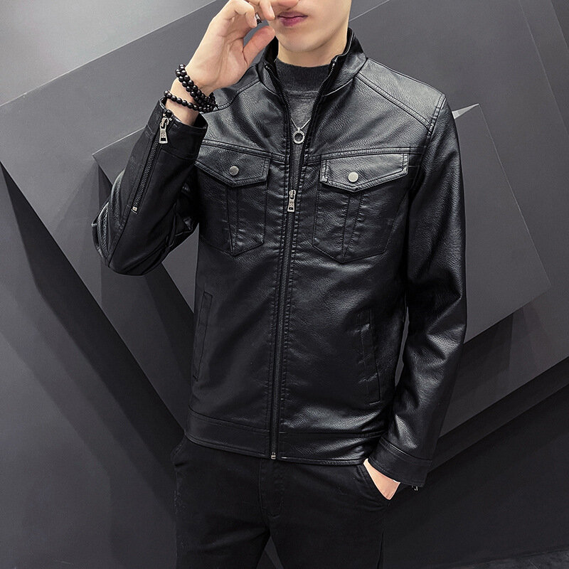 2024 Men's Spring New Casual All-Match PU Leather Clothing Stand Collar Multi-Pocket Casual Motorcycle Leather Clothing