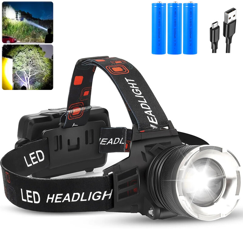 Faro LED de alta potencia recargable por USB, luz frontal de pesca con zoom, impermeable, 5 modos, foco de Camping, 18650