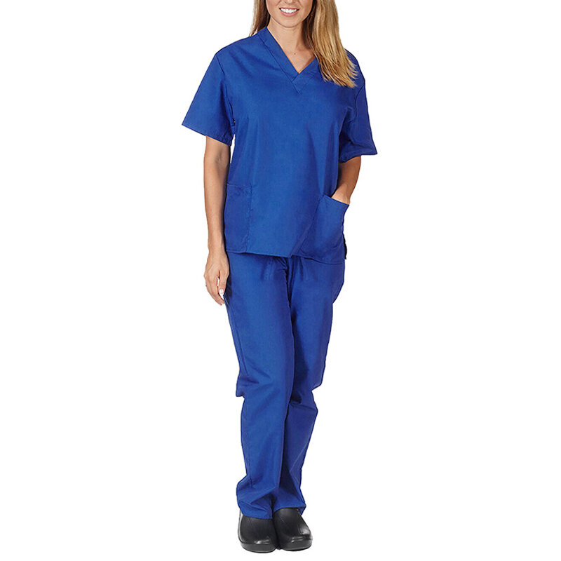 Set seragam perawat baru blus lengan pendek wanita scrub Suster beku pakaian kerja blus V-neck baju atasan celana elastis Set