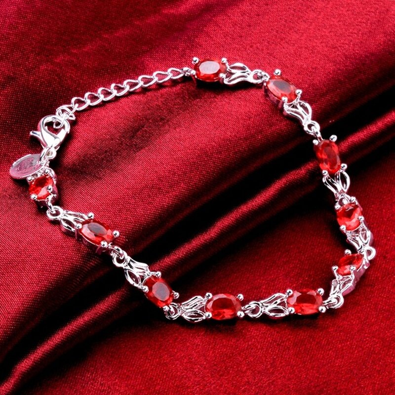925 perak elegan pesona indah batu kristal merah perhiasan mode untuk wanita gelang pernikahan harga pabrik